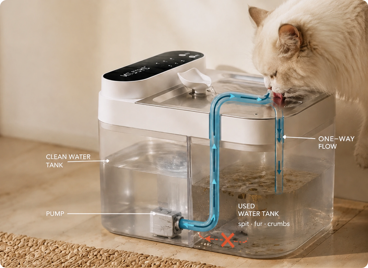 Clean tank, tray, used-water tank — one-way flow